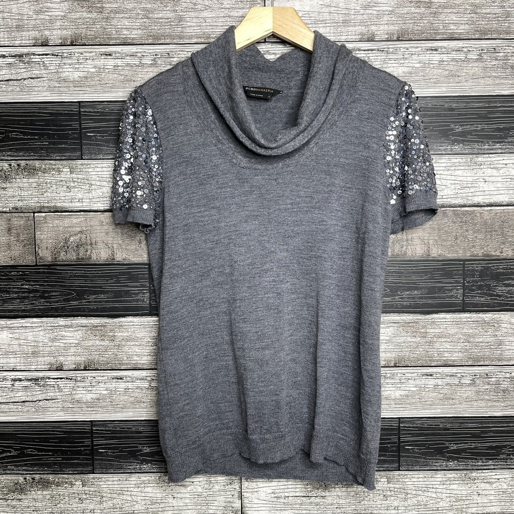 BCBGMaxazria Wool Sweater Women's Size Large Gray Sequin Short Sleeve Cowl Top